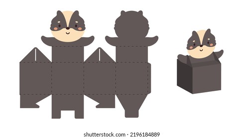 Simple packaging favor box badger design for sweets, candies, small presents. Party package template for any purposes, birthday, baby shower. Print, cut out, fold, glue. Vector stock illustration.