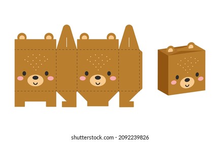 Simple packaging favor box bear design for sweets, candies, presents, bakery. DIY package template for any purposes, birthdays, baby showers, halloween, christmas. Print, cutout, fold, glue.