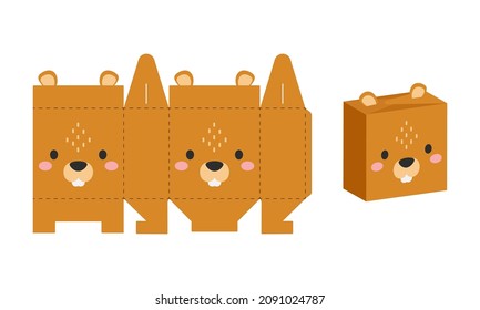 Simple packaging favor box beaver design for sweets, candies, presents, bakery. DIY package template for any purposes, birthdays, baby showers, halloween, christmas. Print, cutout, fold, glue.