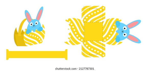 Simple packaging favor box bunny design for sweets, candies, presents, bakery. DIY package template for any purposes, birthdays, baby showers, Easter. Print, cutout, fold, glue. Vector illustration