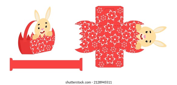 Simple packaging favor box bunny design for sweets, candies, presents, bakery. DIY package template for any purposes, birthdays, baby showers, Easter. Print, cutout, fold, glue. Vector illustration