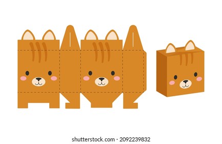 Simple packaging favor box cat design for sweets, candies, presents, bakery. DIY package template for any purposes, birthdays, baby showers, halloween, christmas. Print, cutout, fold, glue.