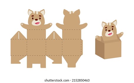 Simple packaging favor box cat design for sweets, candies, small presents. Party package template for any purposes, birthday, baby shower. Print, cut out, fold, glue. Vector stock illustration