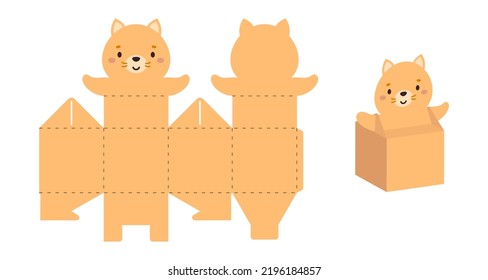 Einfache Verpackung begünstigen Katzendesign für Süßigkeiten, Bonbons, kleine Geschenke. Party-Paket-Vorlage für jeden Zweck, Geburtstag, Baby-Dusche. Drucken, schneiden, falten, Kleben. Vektorgrafik.