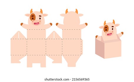 Simple packaging favor box cow design for sweets, candies, small presents. Party package template for any purposes, birthday, baby shower. Print, cut out, fold, glue. Vector stock illustration