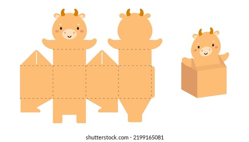 Simple packaging favor box cow design for sweets, candies, small presents. Party package template for any purposes, birthday, baby shower. Print, cut out, fold, glue. Vector stock illustration,