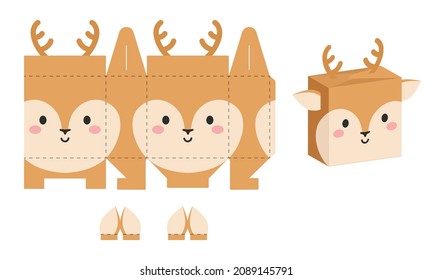 Einfache Verpackung Gefälligkeitskasten Hirsch Design für Süßigkeiten, Bonbons, Geschenke, Bäckerei. DIY-Paket-Vorlage für alle Zwecke, Geburtstage, Babyduschen, Heilblüten, Weihnachten. Drucken, ausschneiden, falten, Kleben.