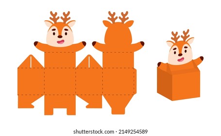 Simple packaging favor box deer design for sweets, candies, small presents. Party package template for any purposes, birthday, baby shower. Print, cut out, fold, glue. Vector stock illustration
