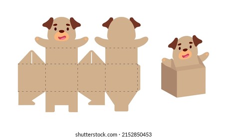 Simple packaging favor box dog design for sweets, candies, small presents. Party package template for any purposes, birthday, baby shower. Print, cut out, fold, glue. Vector stock illustration