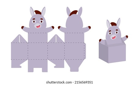 Simple packaging favor box donkey design for sweets, candies, small presents. Party package template for any purposes, birthday, baby shower. Print, cut out, fold, glue. Vector stock illustration