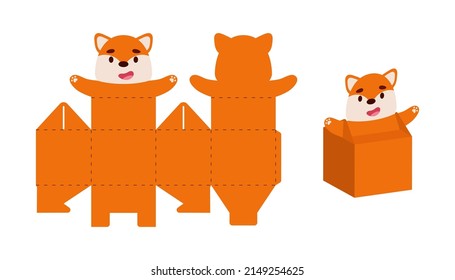 Simple packaging favor box fox design for sweets, candies, small presents. Party package template for any purposes, birthday, baby shower. Print, cut out, fold, glue. Vector stock illustration