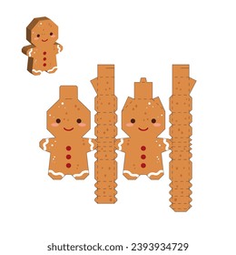 Simple packaging favor box gingerbread man design for sweets, candies, small presents. Party package template. Print, cut out, fold, glue. Vector stock illustration.