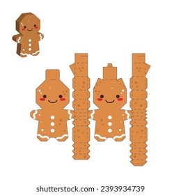 Simple packaging favor box gingerbread man design for sweets, candies, small presents. Party package template. Print, cut out, fold, glue. Vector stock illustration.