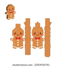 Simple packaging favor box gingerbread man design for sweets, candies, small presents. Party package template. Print, cut out, fold, glue. Vector stock illustration.