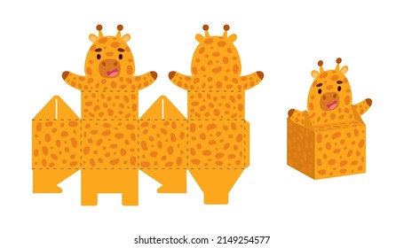 Simple packaging favor box giraffe design for sweets, candies, small presents. Party package template for any purposes, birthday, baby shower. Print, cut out, fold, glue. Vector stock illustration