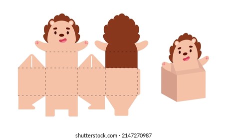 Simple packaging favor box hedgehog design for sweets, candies, small presents. Party package template for any purposes, birthday, baby shower. Print, cut out, fold, glue. Vector stock illustration
