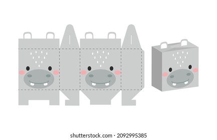 Simple packaging favor box hippo design for sweets, candies, presents, bakery. DIY package template for any purposes, birthdays, baby showers, halloween, christmas. Print, cutout, fold, glue.