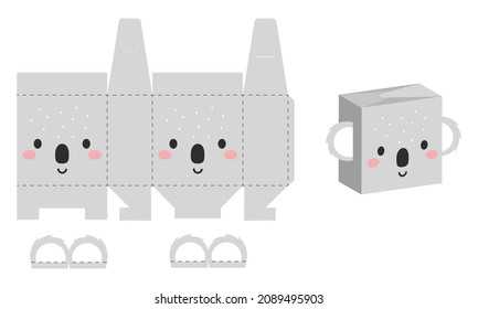 Simple packaging favor box koala design for sweets, candies, presents, bakery. DIY package template for any purposes, birthdays, baby showers, halloween, christmas. Print, cutout, fold, glue.