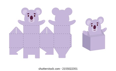 Simple packaging favor box koala design for sweets, candies, small presents. Party package template for any purposes, birthday, baby shower. Print, cut out, fold, glue. Vector stock illustration