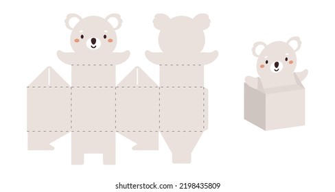 Simple packaging favor box koala design for sweets, candies, small presents. Party package template for any purposes, birthday, baby shower. Print, cut out, fold, glue. Vector stock illustration.