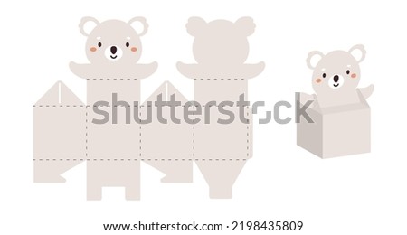 Simple packaging favor box koala design for sweets, candies, small presents. Party package template for any purposes, birthday, baby shower. Print, cut out, fold, glue. Vector stock illustration.
