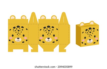 Einfache Verpackung Gefallen Geschenkbox Leopard Design für Süßigkeiten, Bonbons, Geschenke, Bäckerei. DIY-Paket-Vorlage für alle Zwecke, Geburtstage, Babyduschen, Heilblüten, Weihnachten. Drucken, ausschneiden, falten, Kleben.