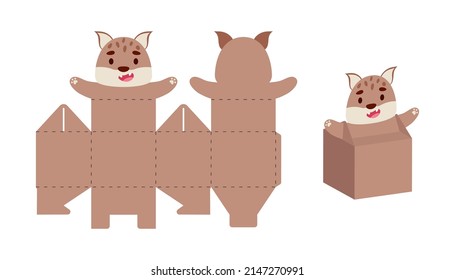 Simple packaging favor box lynx design for sweets, candies, small presents. Party package template for any purposes, birthday, baby shower. Print, cut out, fold, glue. Vector stock illustration