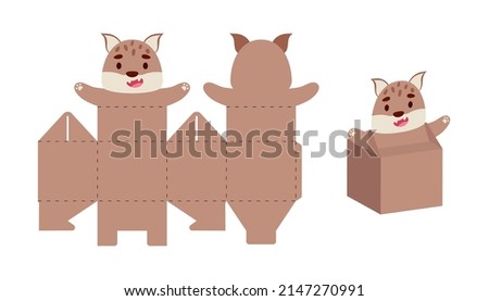 Simple packaging favor box lynx design for sweets, candies, small presents. Party package template for any purposes, birthday, baby shower. Print, cut out, fold, glue. Vector stock illustration
