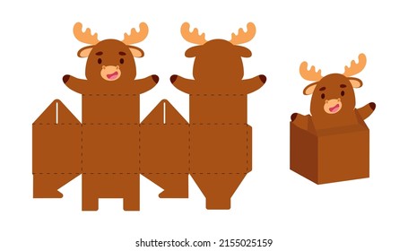 Simple packaging favor box moose design for sweets, candies, small presents. Party package template for any purposes, birthday, baby shower. Print, cut out, fold, glue. Vector stock illustration