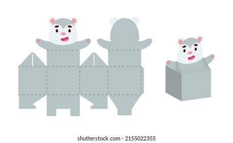 Einfache Verpackung begünstigen Box Opossum Design für Süßigkeiten, Bonbons, kleine Geschenke. Party-Paket-Vorlage für jeden Zweck, Geburtstag, Baby-Dusche. Drucken, schneiden, falten, Kleben. Vektorgrafik