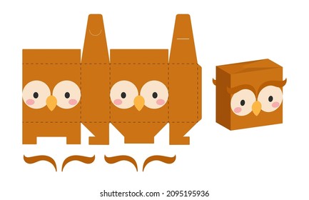 Simple packaging favor box owl design for sweets, candies, presents, bakery. DIY package template for any purposes, birthdays, baby showers, halloween, christmas. Print, cutout, fold, glue.