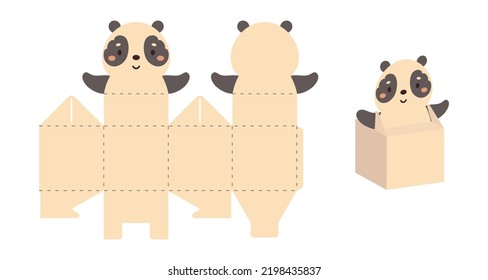 Simple packaging favor box panda design for sweets, candies, small presents. Party package template for any purposes, birthday, baby shower. Print, cut out, fold, glue. Vector stock illustration.