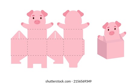 Simple packaging favor box pig design for sweets, candies, small presents. Party package template for any purposes, birthday, baby shower. Print, cut out, fold, glue. Vector stock illustration