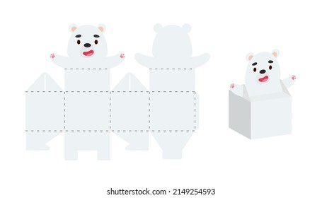 Simple packaging favor box polar bear design for sweets, candies, small presents. Party package template for any purposes, birthday, baby shower. Print, cut out, fold, glue. Vector stock illustration