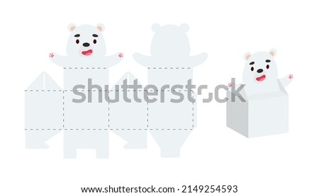 Simple packaging favor box polar bear design for sweets, candies, small presents. Party package template for any purposes, birthday, baby shower. Print, cut out, fold, glue. Vector stock illustration