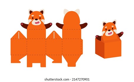 Simple packaging favor box red panda design for sweets, candies, small presents. Party package template for any purposes, birthday, baby shower. Print, cut out, fold, glue. Vector stock illustration