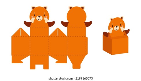 Simple packaging favor box red panda design for sweets, candies, small presents. Party package template for any purposes, birthday, baby shower. Print, cut out, fold, glue. Vector stock illustration.