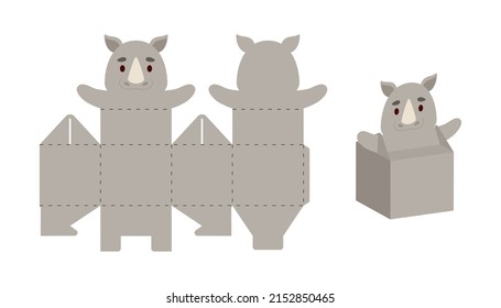 Simple packaging favor box rhino design for sweets, candies, small presents. Party package template for any purposes, birthday, baby shower. Print, cut out, fold, glue. Vector stock illustration