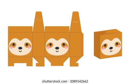 Simple packaging favor box sloth design for sweets, candies, presents, bakery. DIY package template for any purposes, birthdays, baby showers, halloween, christmas. Print, cutout, fold, glue.