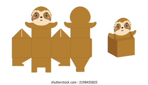 Simple packaging favor box sloth design for sweets, candies, small presents. Party package template for any purposes, birthday, baby shower. Print, cut out, fold, glue. Vector stock illustration.