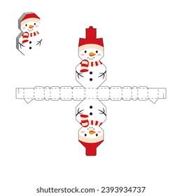 Simple packaging favor box snowman design for sweets, candies, small presents. Party package template. Print, cut out, fold, glue. Vector stock illustration.