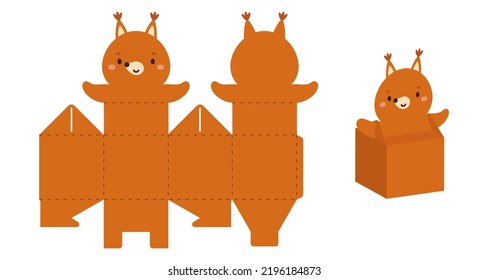 Simple packaging favor box squirrel design for sweets, candies, small presents. Party package template for any purposes, birthday, baby shower. Print, cut out, fold, glue. Vector stock illustration.