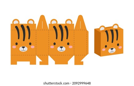 Simple packaging favor box tiger design for sweets, candies, presents, bakery. DIY package template for any purposes, birthdays, baby showers, halloween, christmas. Print, cutout, fold, glue.