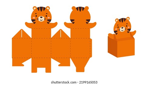 Simple packaging favor box tiger design for sweets, candies, small presents. Party package template for any purposes, birthday, baby shower. Print, cut out, fold, glue. Vector stock illustration.