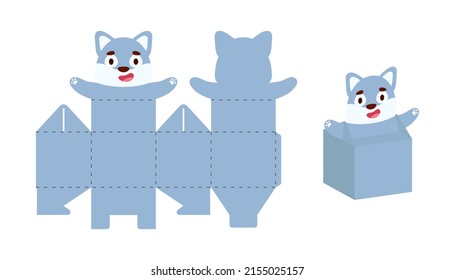 Simple packaging favor box wolf design for sweets, candies, small presents. Party package template for any purposes, birthday, baby shower. Print, cut out, fold, glue. Vector stock illustration