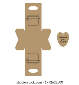 Plantilla de empaque simple con frasco y etiqueta con el texto "Gracias mano hecha con amor" en fondo blanco. Diseño gráfico de dibujo vectorial.
