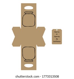 Plantilla de empaque simple con tarro y etiqueta con el texto "Gracias por apoyar mi pequeña empresa" en fondo blanco. Diseño gráfico de dibujo vectorial.