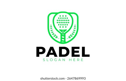 Design de logotipo padel simples. Símbolo desportivo com raquete, trigo, conceito de escudo e estilo mínimo. Ícone de vetor de tênis de padel