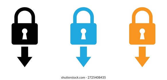 Icono de candado simple, desbloqueado, con flecha hacia abajo, que sugiere acceso de seguridad o transferencia de datos. Iconos de acceso seguro con flecha hacia abajo. 