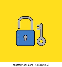 Simple padlock and key vector illustration isolated on yellow background. Linear color style of lock icon